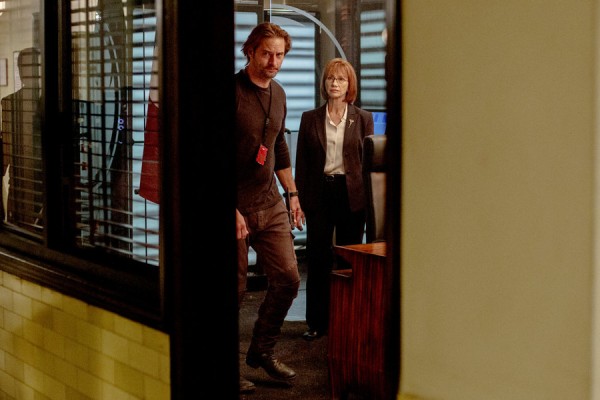 COLONY -- "Brave New World" Episode 102 -- Pictured: (l-r) Josh Holloway as Will Bowman, Kathy Baker as Phyllis -- (Photo by: Jack Zeman/USA Network)