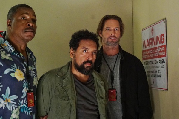 COLONY -- "Blindspot" Episode 104 -- Pictured: (l-r) Carl Weathers as Beau, Felix Solis as Luis, Josh Holloway as Will Bowman -- (Photo by: Danny Feld/USA Network)