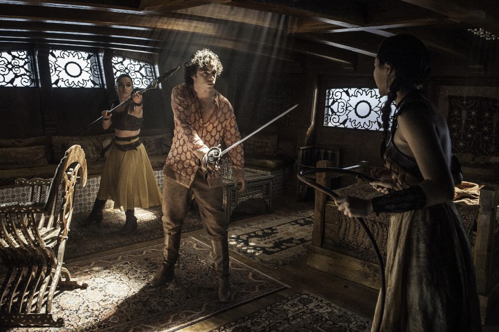 Pictured: Keisha Castle-Hughes as Obara Sand, Toby Sebastian as Trystane Martell, and Jessica Henwick as Nym Sand Credit: Helen Sloan/HBO 