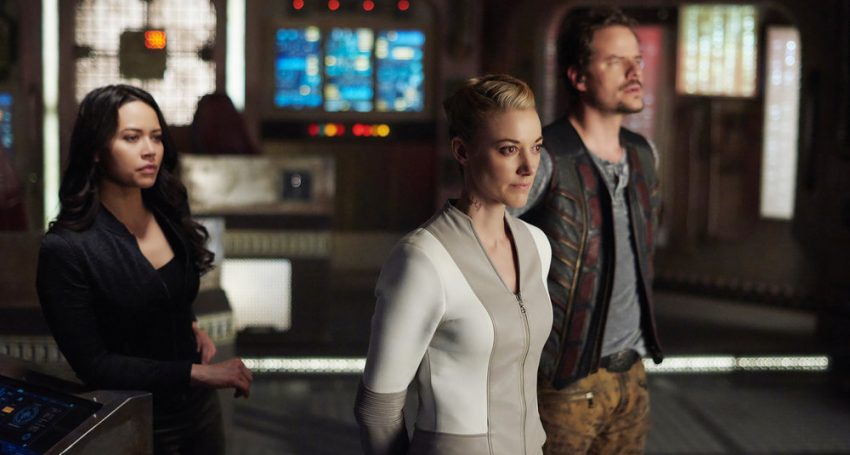 DARK MATTER -- "But First, We Save the Galaxy" Episode 213 -- Pictured: (l-r) Melissa O'Neil as Two, Zoie Palmer as The Android, Anthony Lemke as Three -- (Photo by: Russ Martin/Prodigy Pictures/Syfy)