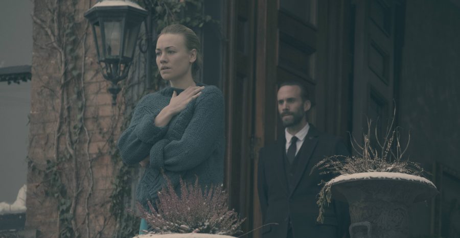 The Handmaid's Tale  -- "Night" Episode 110 -- Serena Joy confronts Offred and the Commander. Offred struggles with a complicated, life-changing revelation. The Handmaids face a brutal decision. Serena Joy (Yvonne Strahovski) and Commander Waterford (Joseph Fiennes), shown. (Photo by: George Kraychyk/Hulu)
