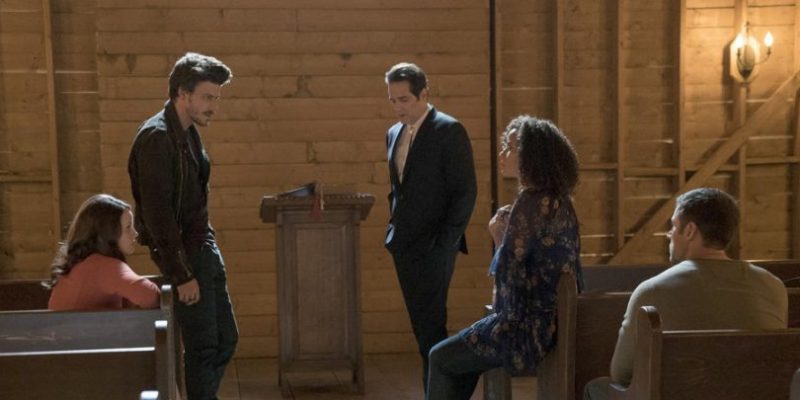 MIDNIGHT TEXAS -- "Lemuel, Unchained" Episode 103 -- Pictured: (l-r) Sarah Ramos as Creek, Francois Arnaud as Manfred, Yul Vázquez as Rev. Sheehan, Parisa Fitz-Henley as Fiji -- (Photo by: Virginia Sherwood/NBC)