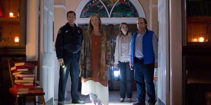 Nathalie Raven (Frances Conroy, center) influence over the remaining church parishioners continues to grow and begin to follow her lead, including town sherriff Connor Heisel (Darren Pettie) in Episode 8 of Spike's THE MIST, based on a story by Stephen King, which premieres on Thursday, August 10 at 10 pm, ET/PT.