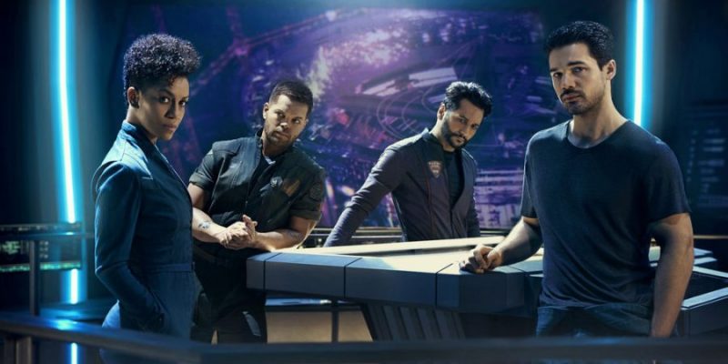 THE EXPANSE --  Pictured: (l-r) Dominique Tipper as Naomi Nagata, Wes Chatham as Amos Burton, Cas Anvar as Alex Kamal, Steven Strait as Earther James Holden -- (Photo by: Kurt Iswarienko/Syfy)