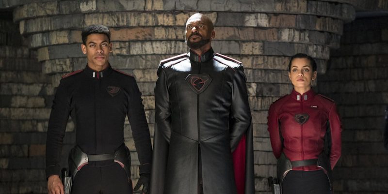 KRYPTON -- "The Phantom Zone" Episode 110 -- Pictured: (l-r) Aaron Pierre as Dev-Em, Colin Salmon as General Zod, Georgina Campbell as Lyta-Zod -- (Photo by: Steffan Hill/Syfy)