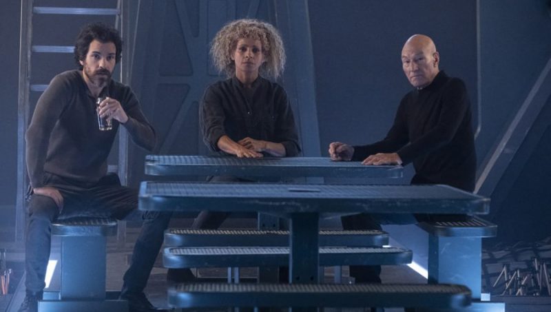 Captain Rios, Raffi, and Jean-Luc PIcard in "Broken PIeces" on Star Trek: Picard.