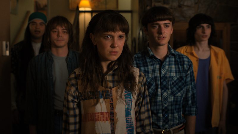 STRANGER THINGS. (L to R) Eduardo Franco as Argyle, Charlie Heaton as Jonathan, Millie Bobby Brown as Eleven, Noah Schnapp as Will Byers, and Finn Wolfhard as Mike Wheeler in STRANGER THINGS. Cr. Courtesy of Netflix  © 2022