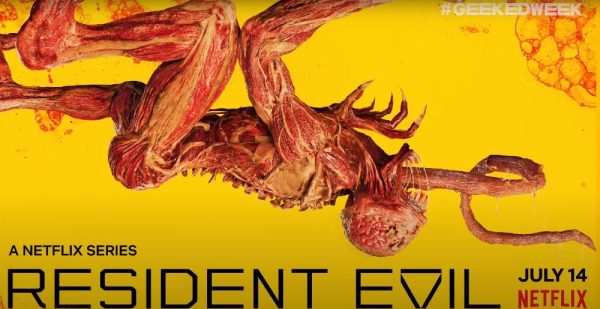Yellow poster with creepy figure on the top, words read Resident Evil. Netflix Geeked Week