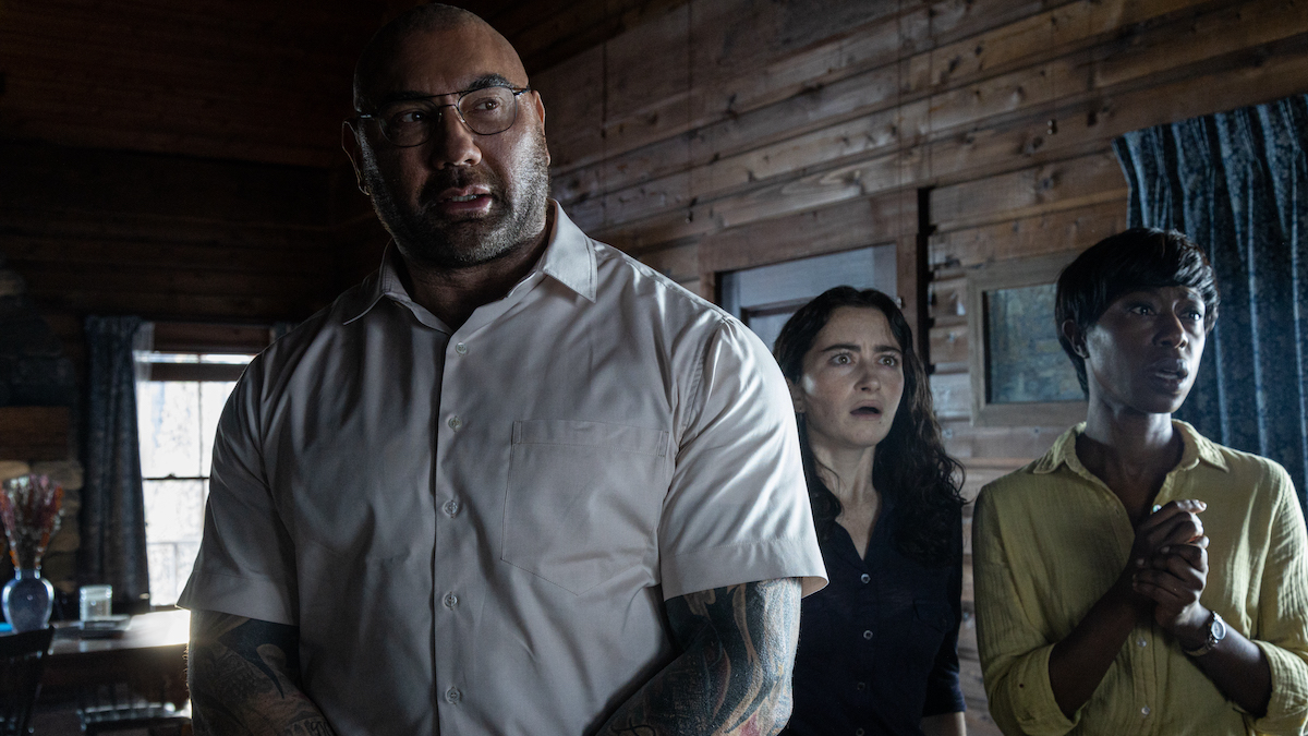(from left) Leonard (Dave Bautista), Adriane (Abby Quinn) and Sabrina (Nikki Amuka-Bird) in Knock at the Cabin, directed by M. Night Shyamalan.