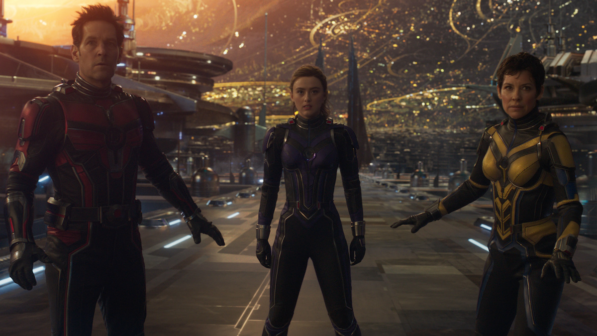 (L-R): Paul Rudd as Scott Lang/Ant-Man, Kathryn Newton as Cassandra "Cassie" Lang, Evangeline Lilly as Hope Van Dyne/Wasp in Marvel Studios' ANT-MAN AND THE WASP: QUANTUMANIA. Photo courtesy of Marvel Studios. © 2022 MARVEL.